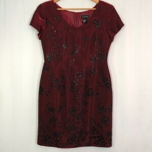 VIRGO Short Sleeve Burgundy Satin Velvety Floral Black Party Dress Size 8